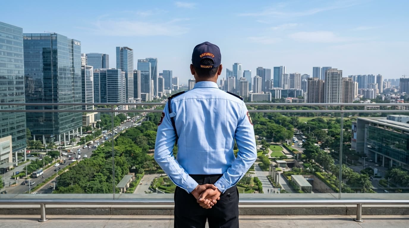 Security guard looking toward modern city skyline