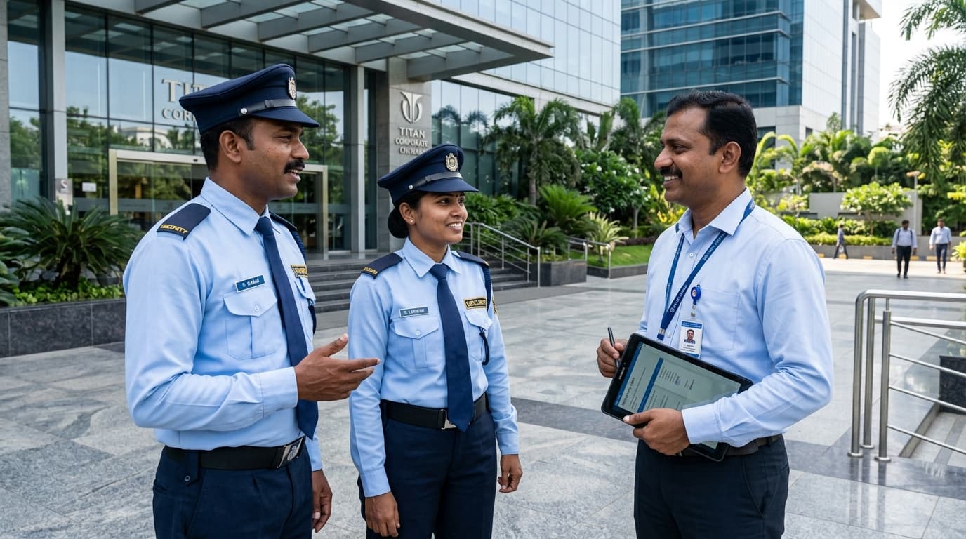 Unique Security security officers speaking with corporate facility manager in Chennai