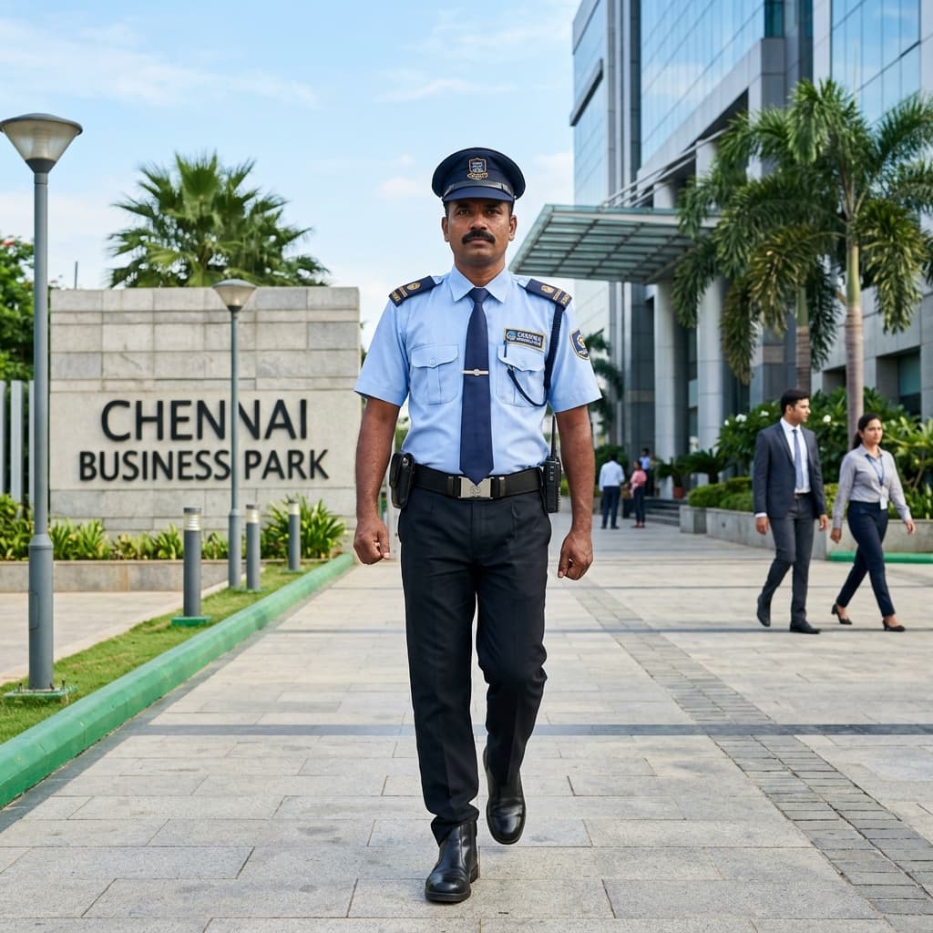 Unique Security officer walking at Chennai Business Park entrance