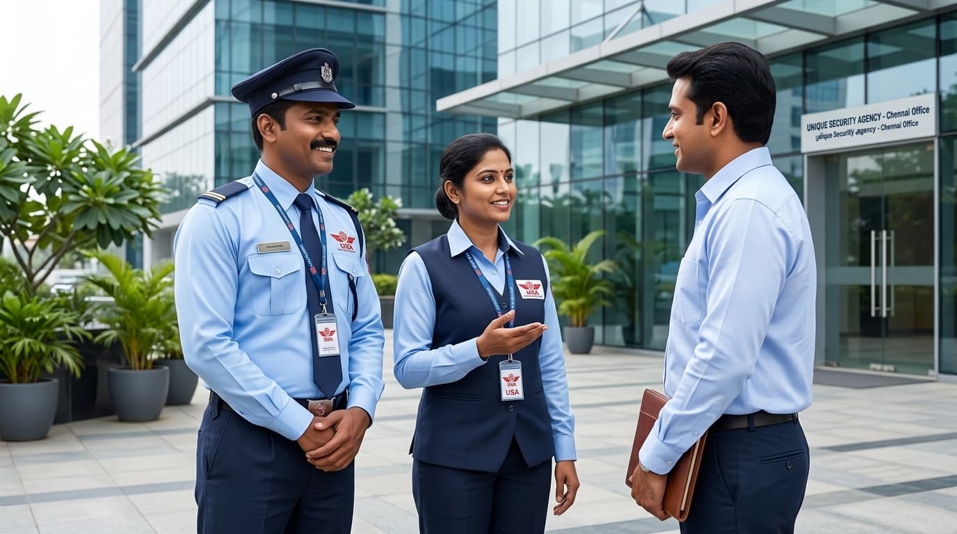 Unique Security Agency security officer, operations executive, and client in Chennai