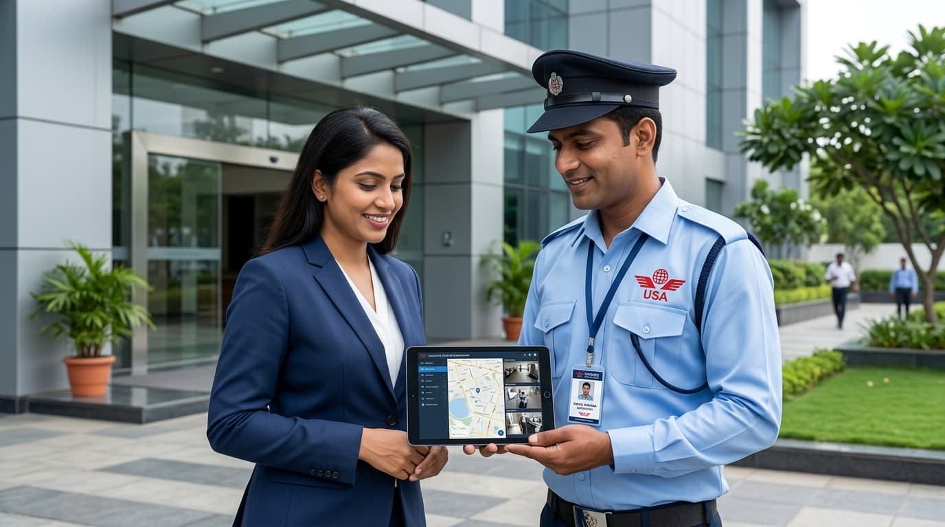 Unique Security Agency security officer demonstrating security status on tablet to corporate client