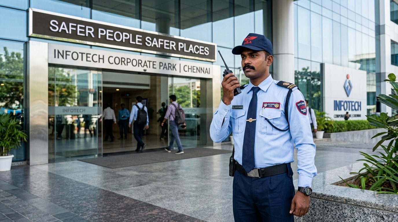 Unique Security Agency guard officer with walkie-talkie at corporate facility