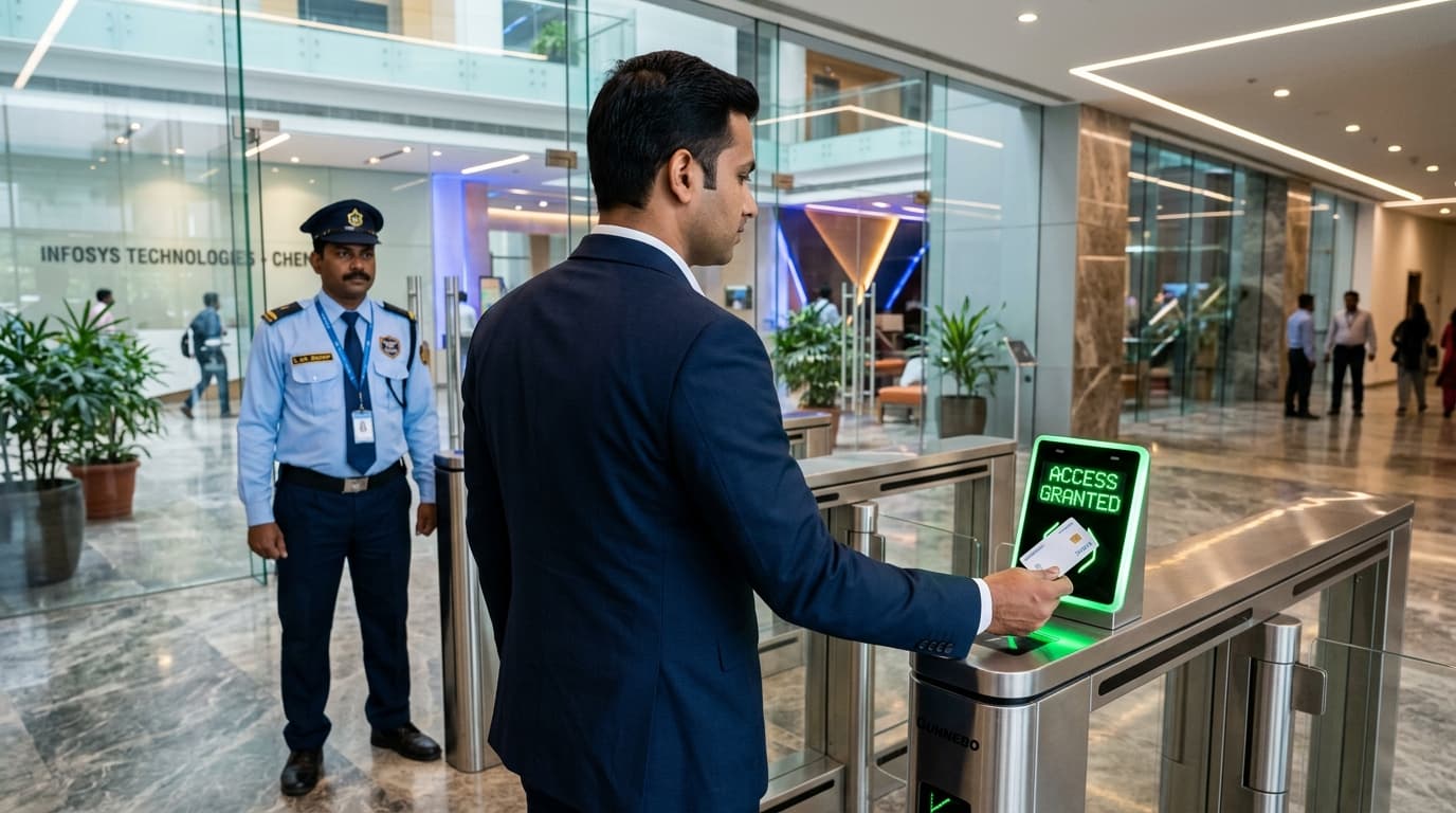 Employee Tapping RFID Smart Card on Optical Turnstile with Security Guard in Background