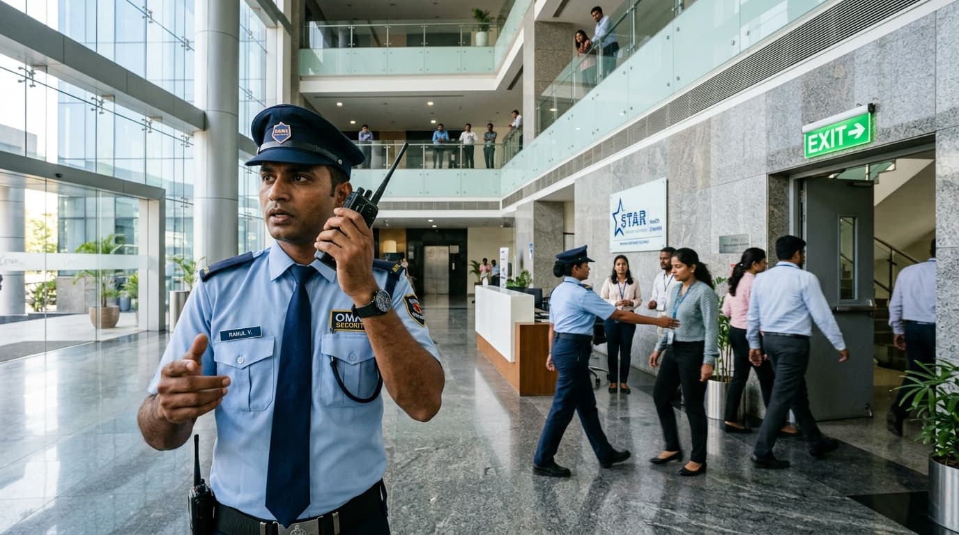 Corporate Security Guard Directing Office Evacuation to Emergency Exit Stairwell in Chennai