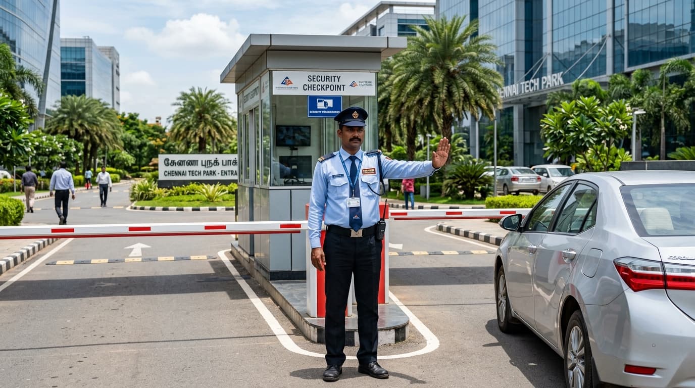 Corporate Front-Gate Security Officer Halting Vehicle at Boom Barrier in Chennai IT Park