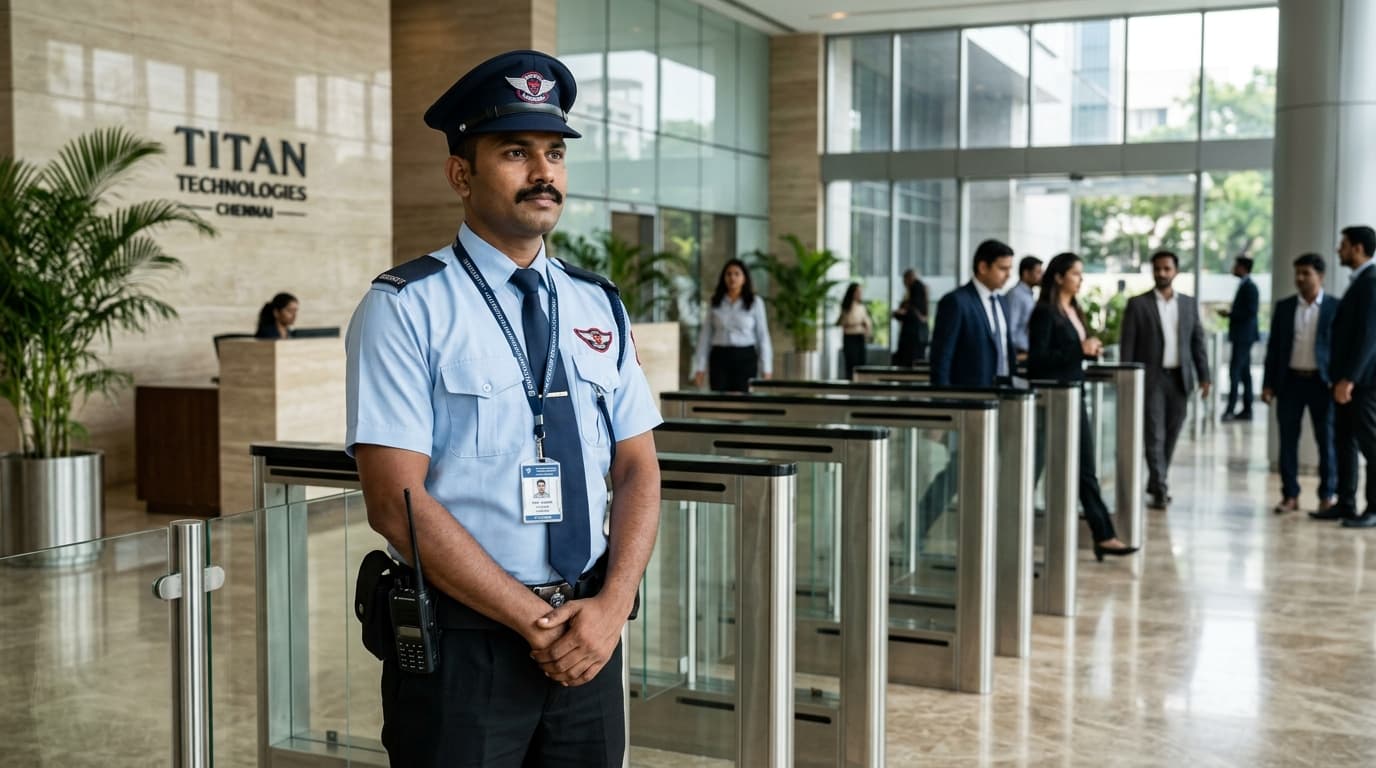 Professional Indian Corporate Security Guard in Blue Uniform Standing in Modern IT Park Lobby