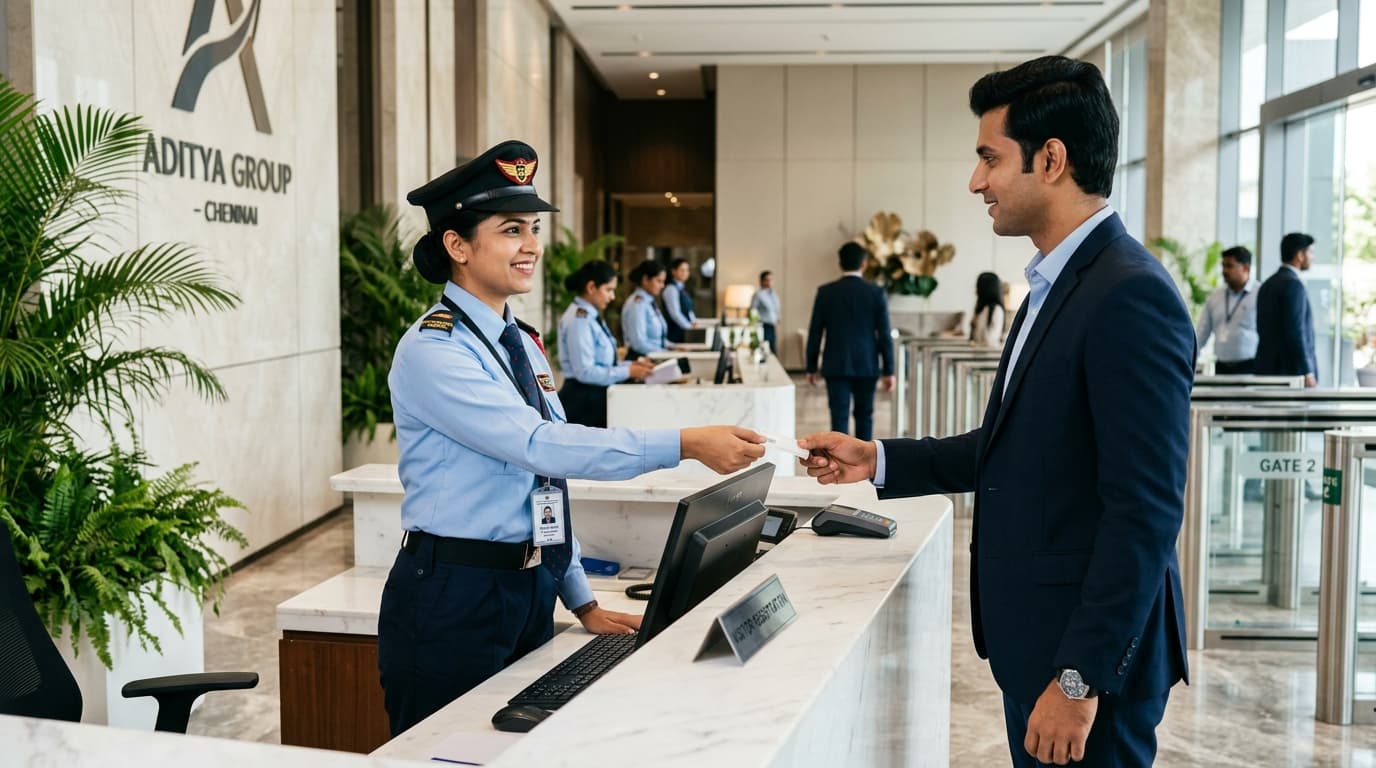 Corporate Lady Security Guard Handing Visitor Pass at Front Desk in Chennai