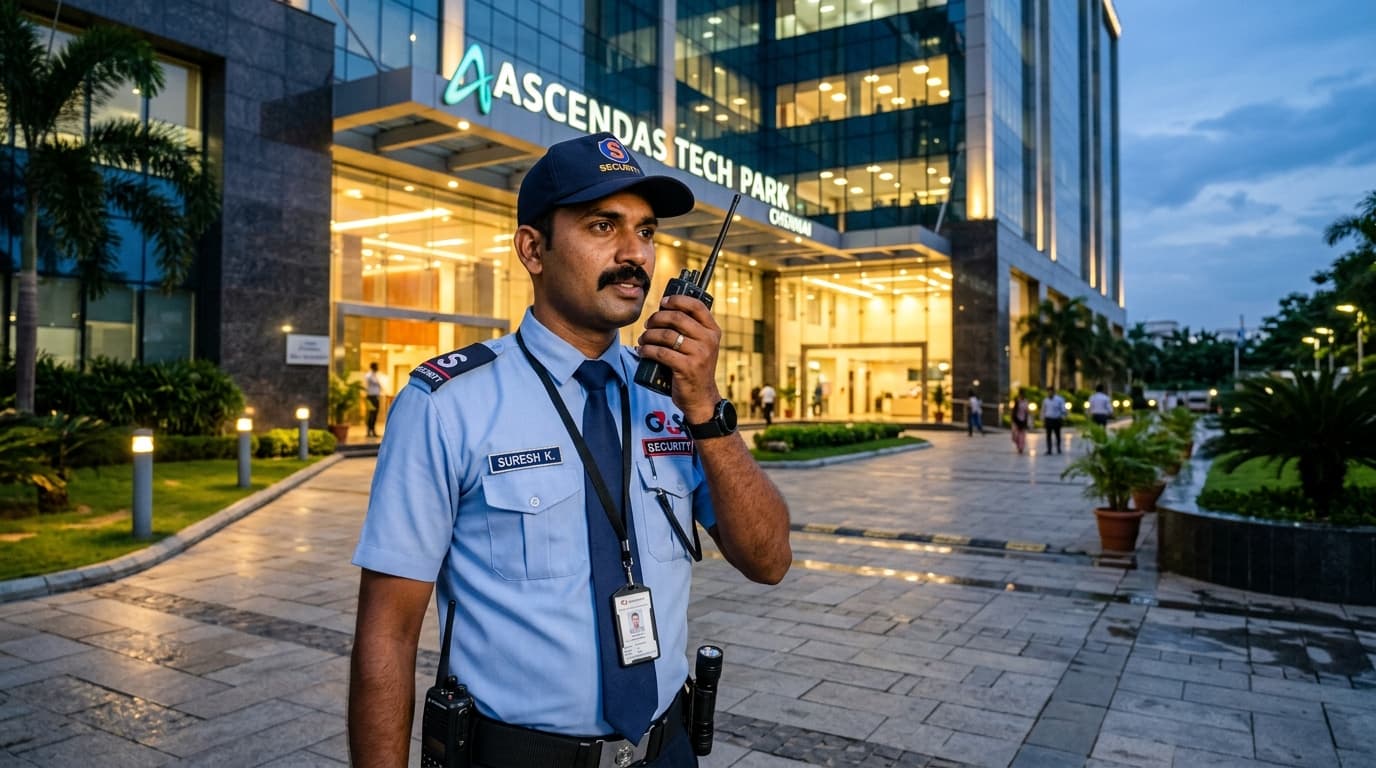 Corporate Night Security Guard with Radio Outside Illuminated Tech Park in Chennai