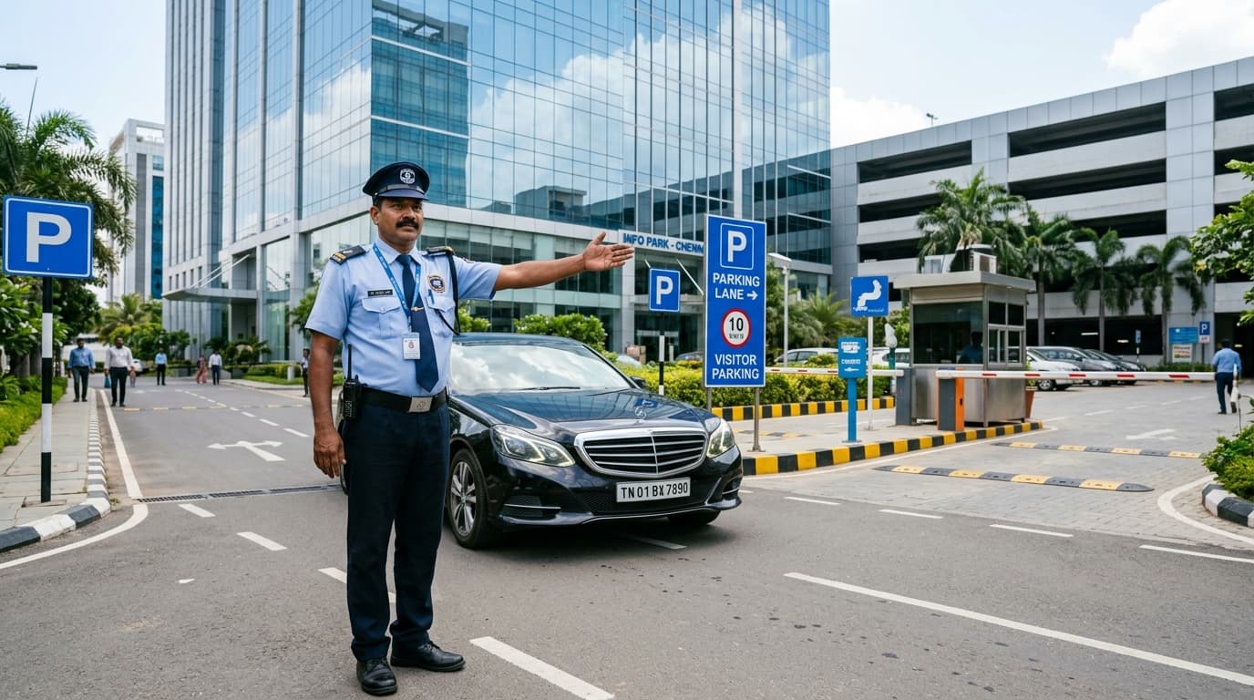 Corporate Security Guard Guiding Car into Chennai Office Parking Lane