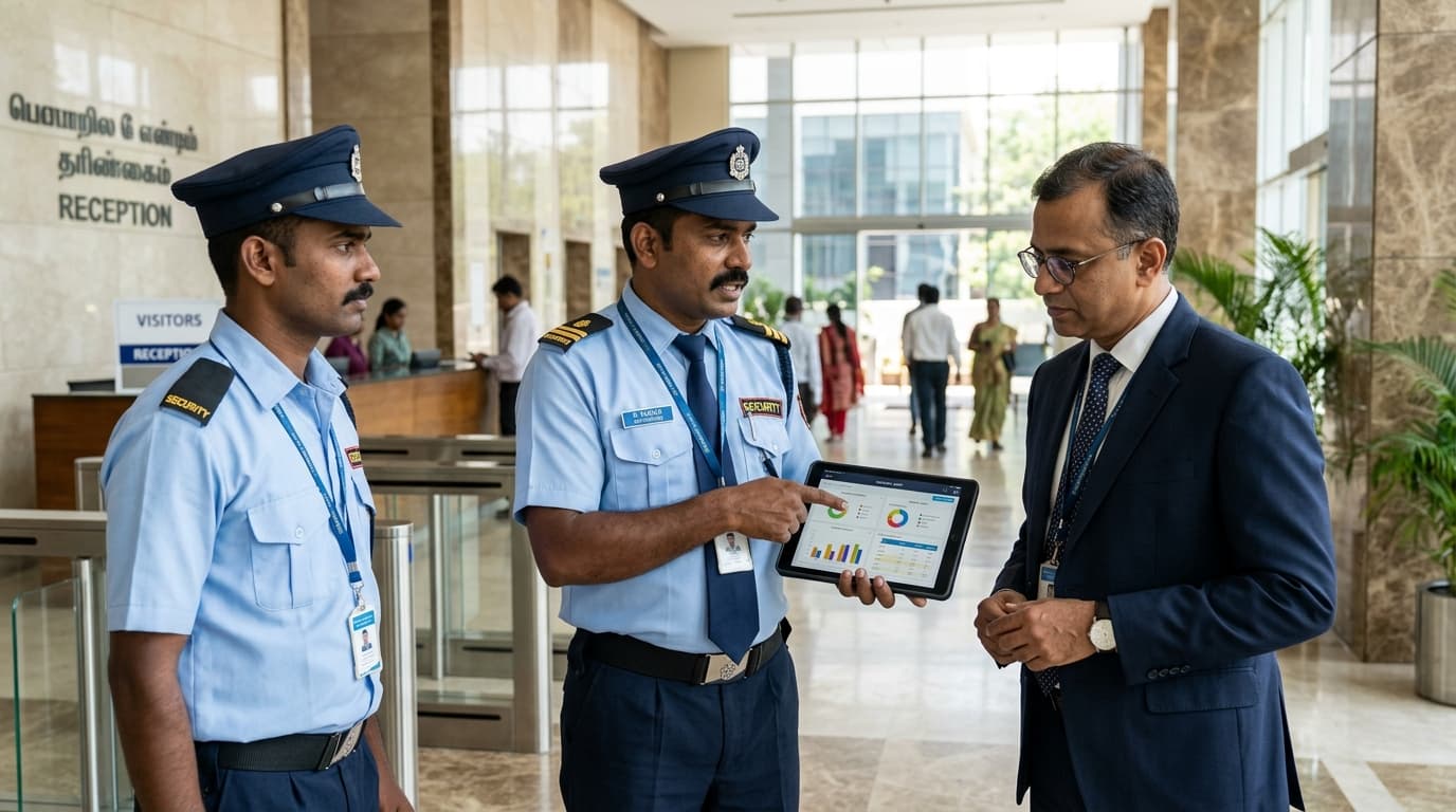 Security Supervisor Reviewing Audit Metrics on Tablet in Chennai Office