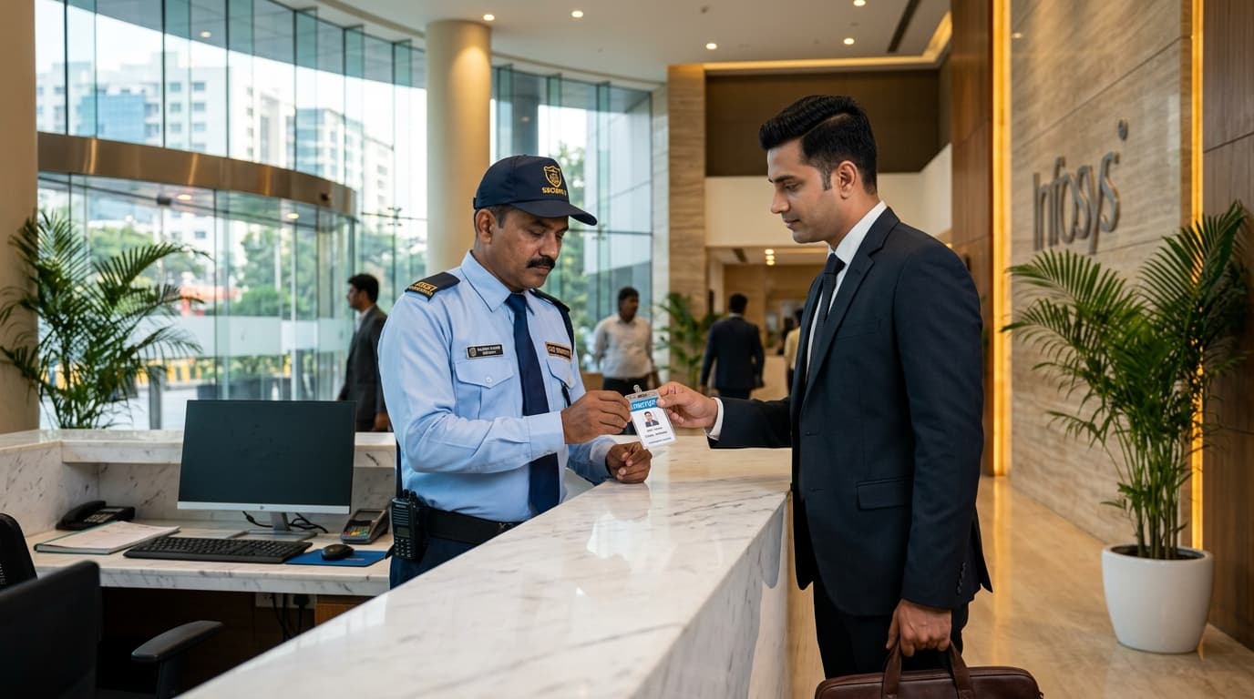Security Guard Checking Visitor ID at Corporate Front Desk in Chennai
