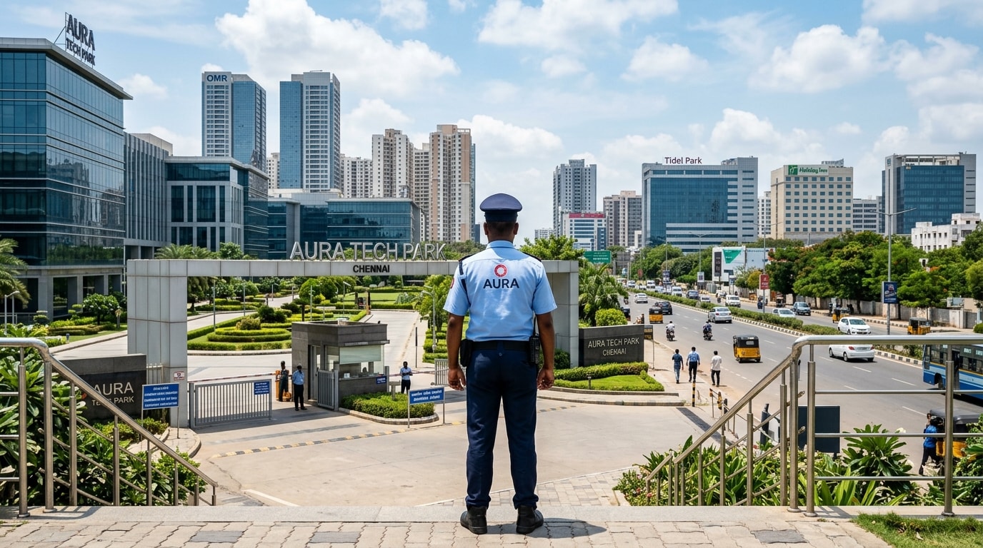 Unique Security Agency protecting corporate campus with Chennai skyline