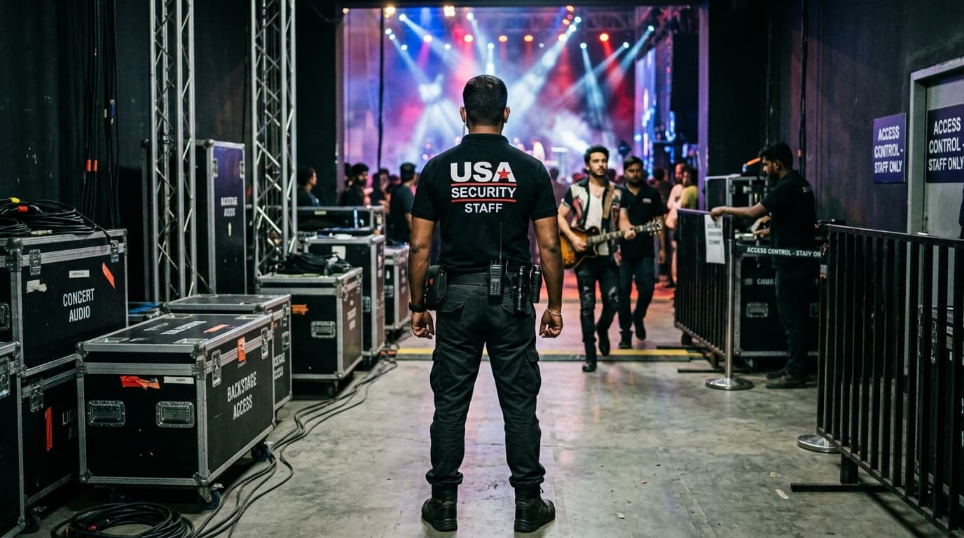 Security officer standing alert at backstage concert corridor guarding artist access