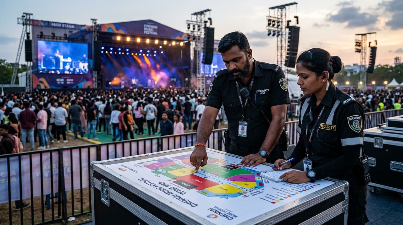 Security supervisors planning event deployment over venue floor plan map