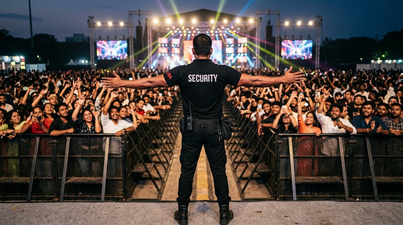 Security bouncer managing large music concert crowd with outstretched arms