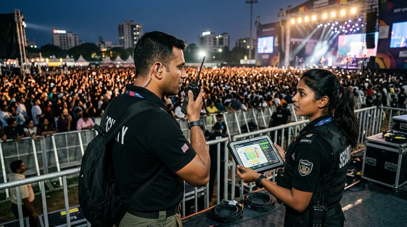 Security coordinators communicating via two-way radio and tablet at major event