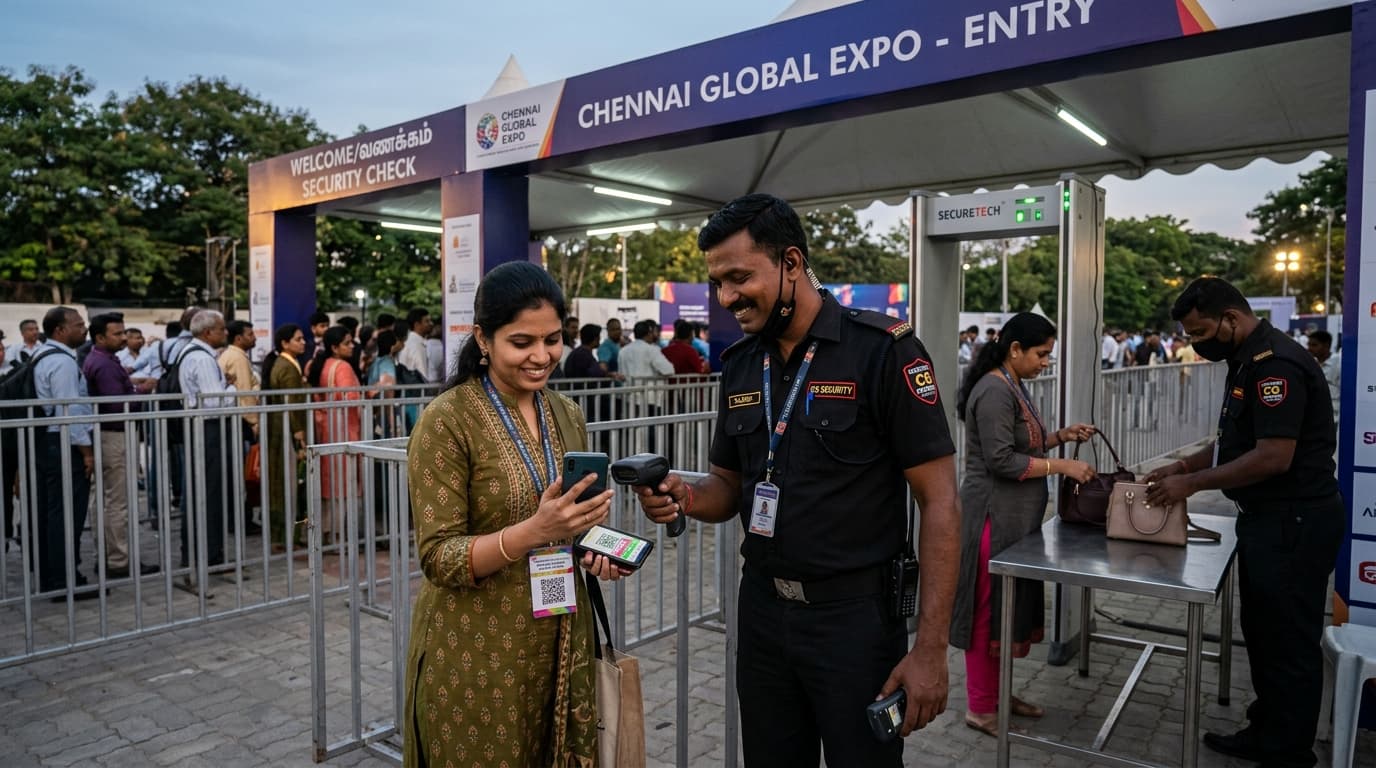 Organized event entry checkpoint with security guard scanning QR code pass