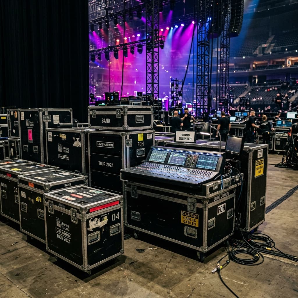 Sound engineer mixer and AV flight cases guarded backstage
