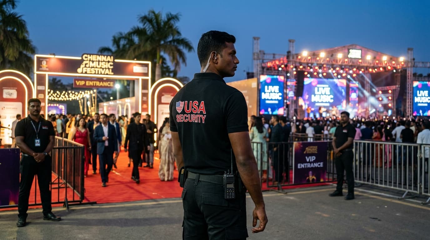 Indian event security officer in black uniform with USA logo standing alert at concert entrance