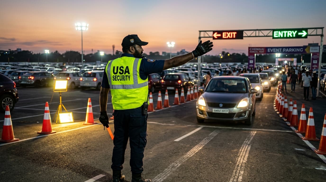 Event parking security marshal directing vehicular traffic into organized parking rows at twilight