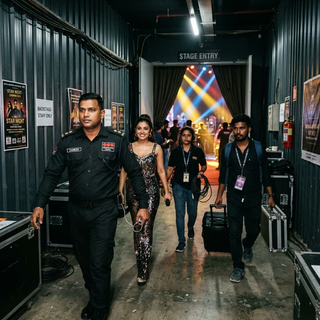 Security officer escorting performer and stage crew safely to green room