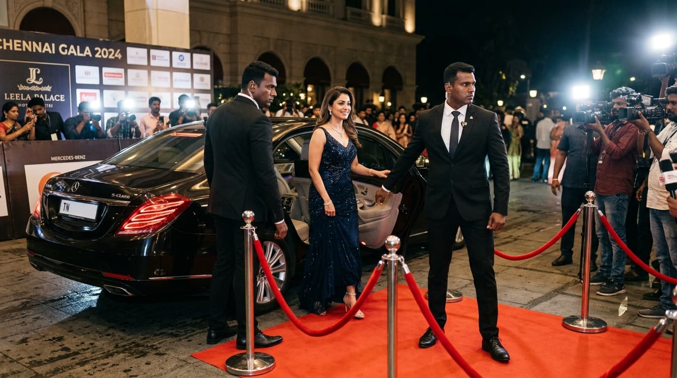 Suited VIP close protection bodyguards escorting celebrity from luxury car on red carpet in Chennai