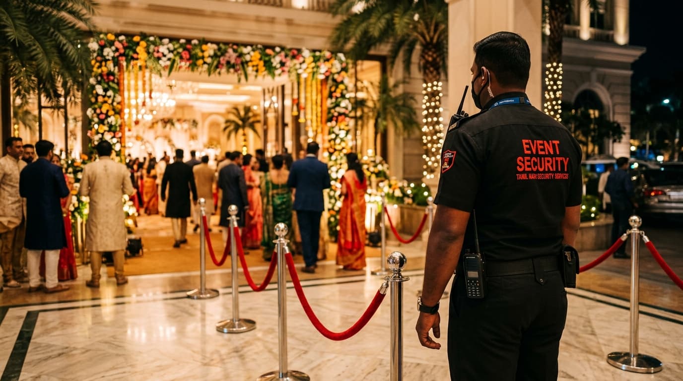 Professional event security team managing crowd access at luxury evening gala in Chennai