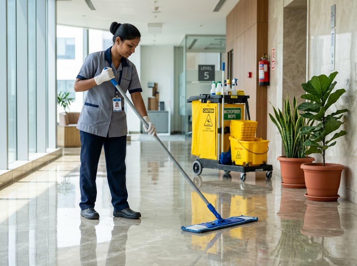 Professional Housekeeper Mopping Marble Floor - Unique Security Agency