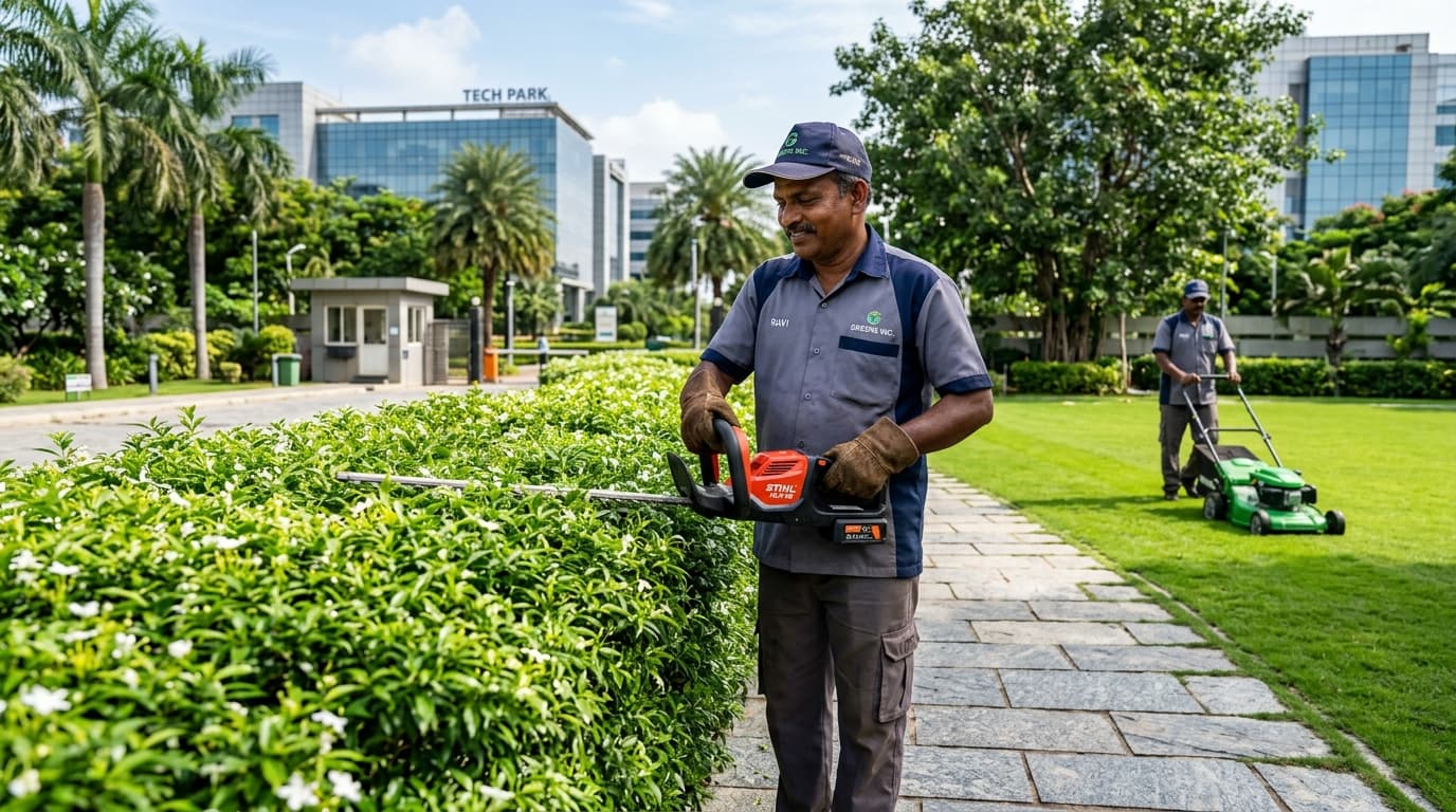 Gardener Trimming Hedges with Electric Hedge Trimmer and Lawn Mower - Unique Security Agency