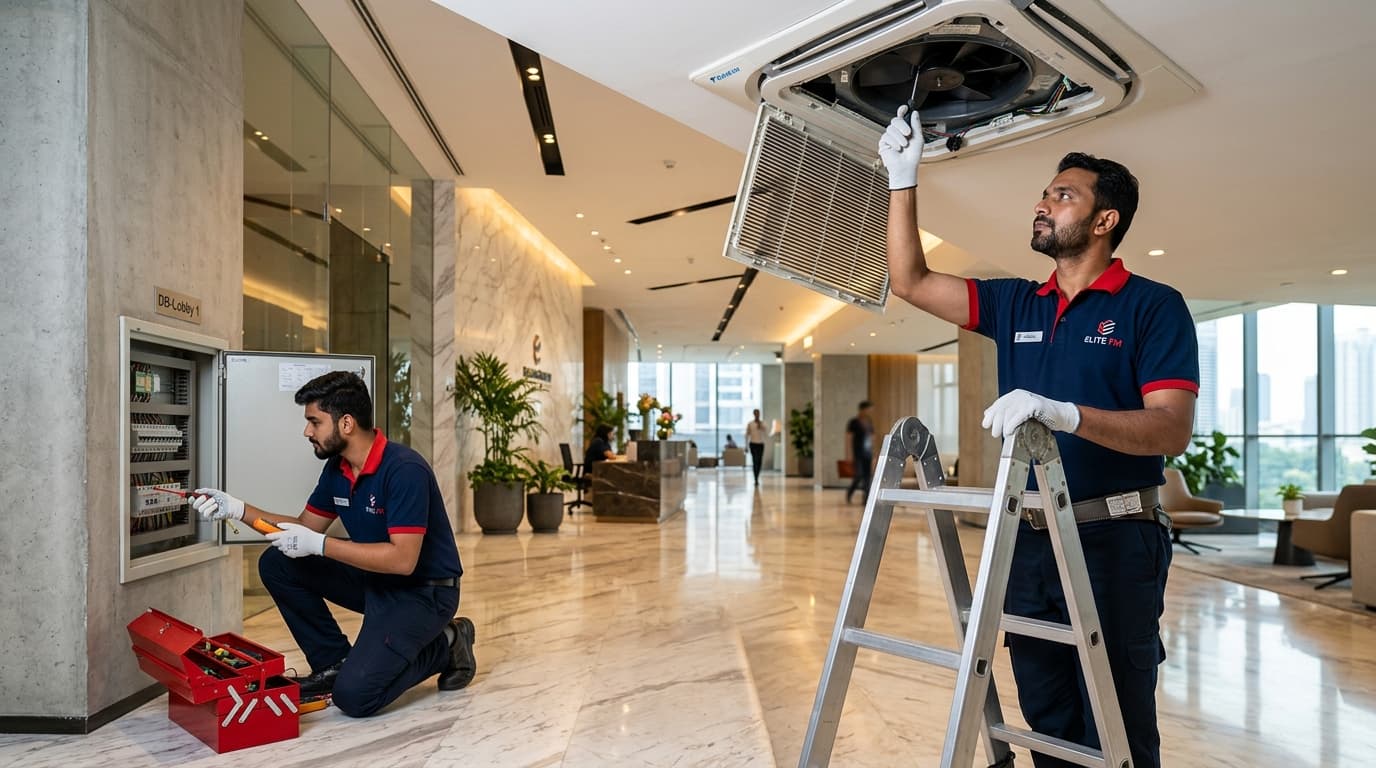 Skilled Maintenance Technicians Servicing Ceiling HVAC and Breaker - Unique Security Agency