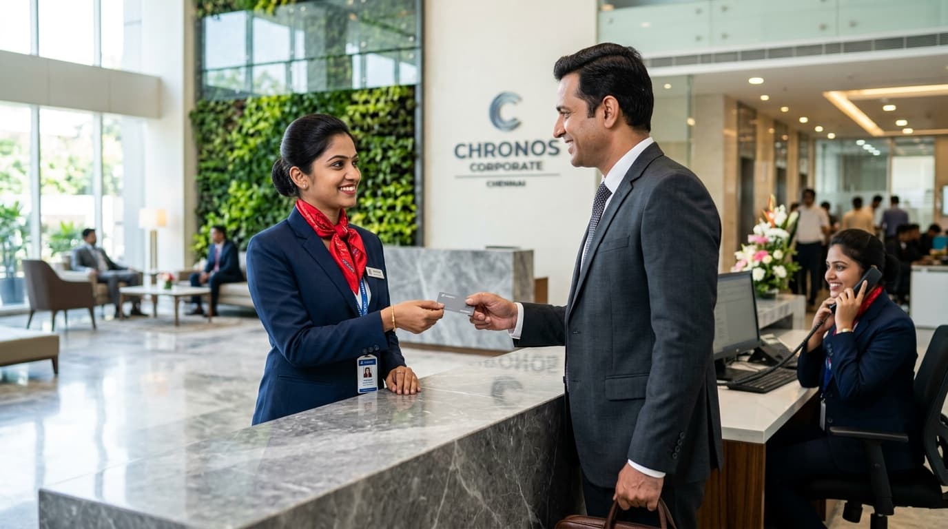 Front-Office Reception Desk Staff Handing Visitor Pass - Unique Security Agency