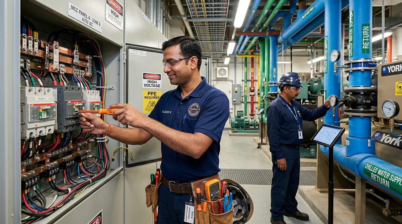 Technical Electrician Servicing Breaker Panel and Chiller System - Unique Security Agency