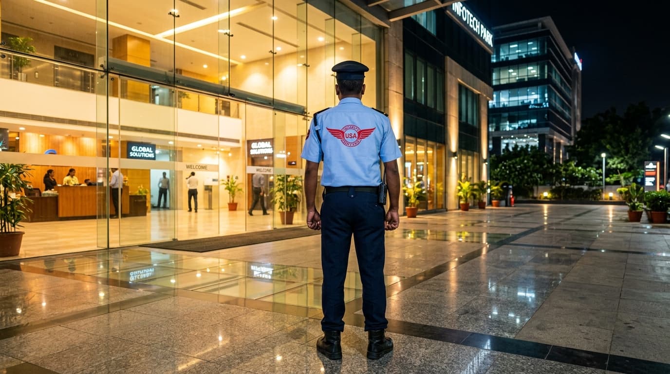 Security Guard Alert on Vigilant Night Shift Duty in Chennai Corporate Lobby