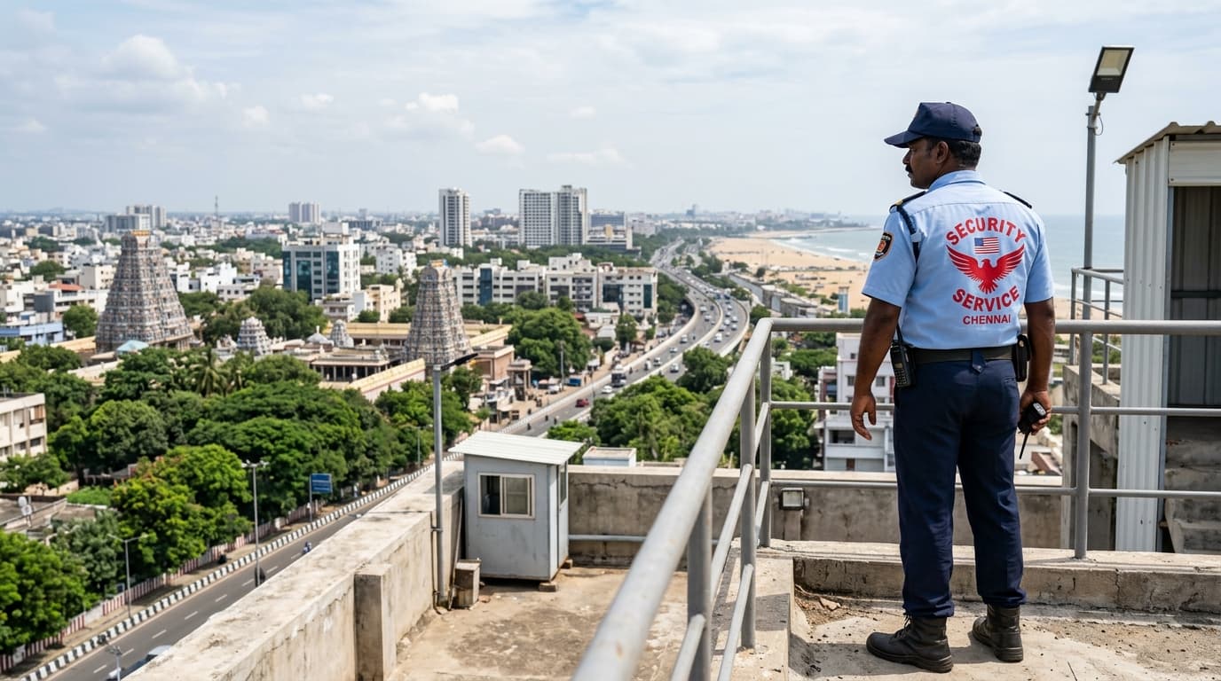 Unique Security Guard Overlooking Chennai City Skyline and Architecture