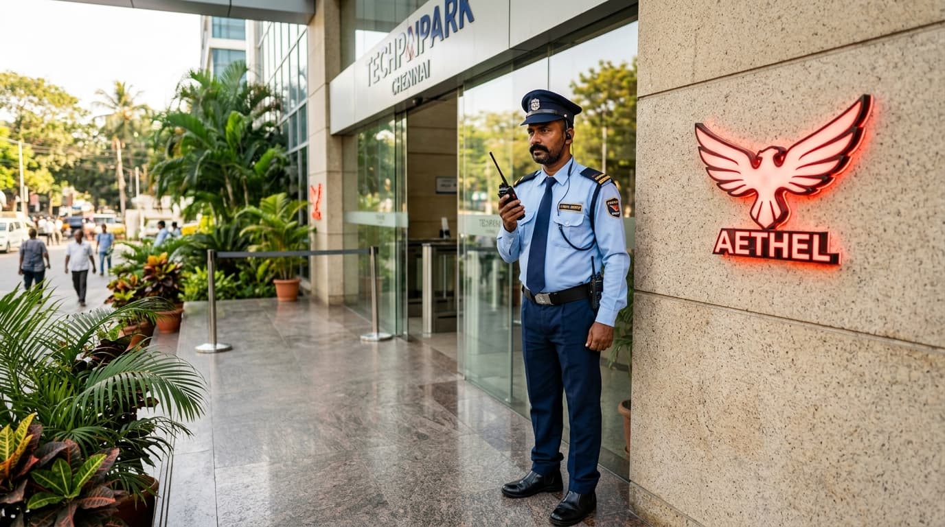 Professional Security Guard in Uniform with USA Crest at Commercial Facility in Chennai