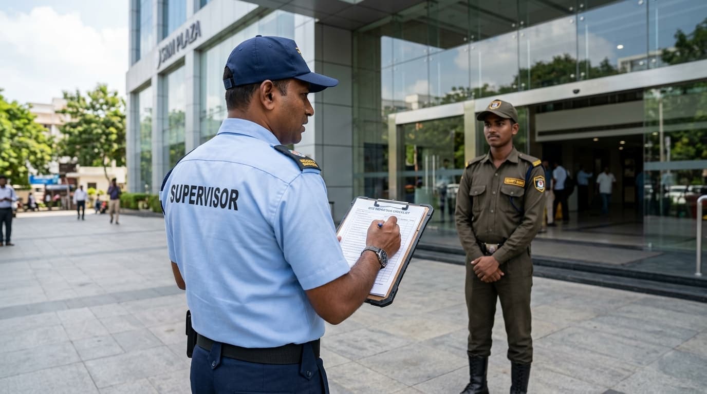 Unique Security Field Officer with Clipboard Conducting Briefing for Security Guard in Chennai