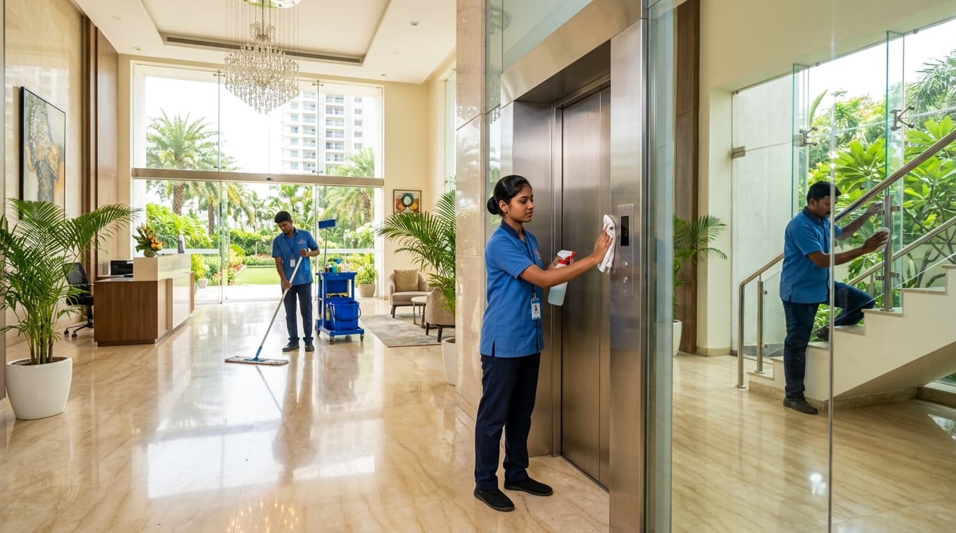 Housekeeping staff cleaning residential apartment lobby in Chennai