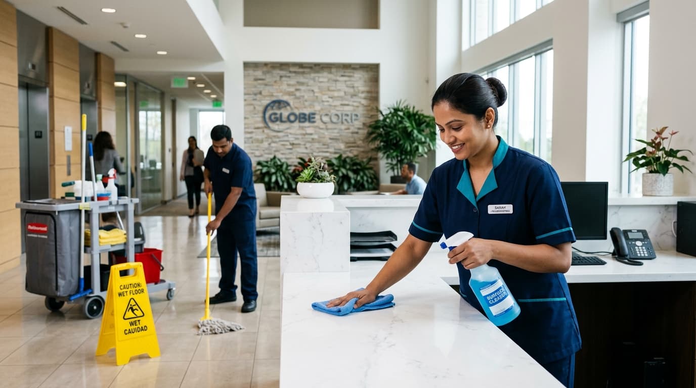 Housekeeping staff conducting daily cleaning routine in reception lobby