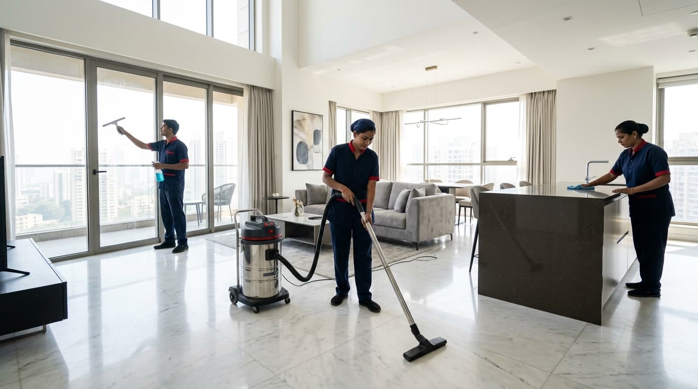 Space after professional deep cleaning with sparkling bright floors and windows