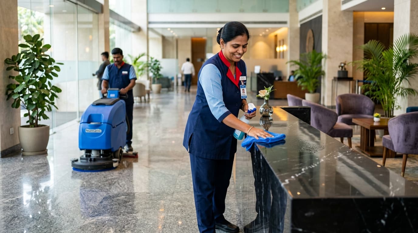 Professional housekeeping staff cleaning corporate office reception counter in Chennai