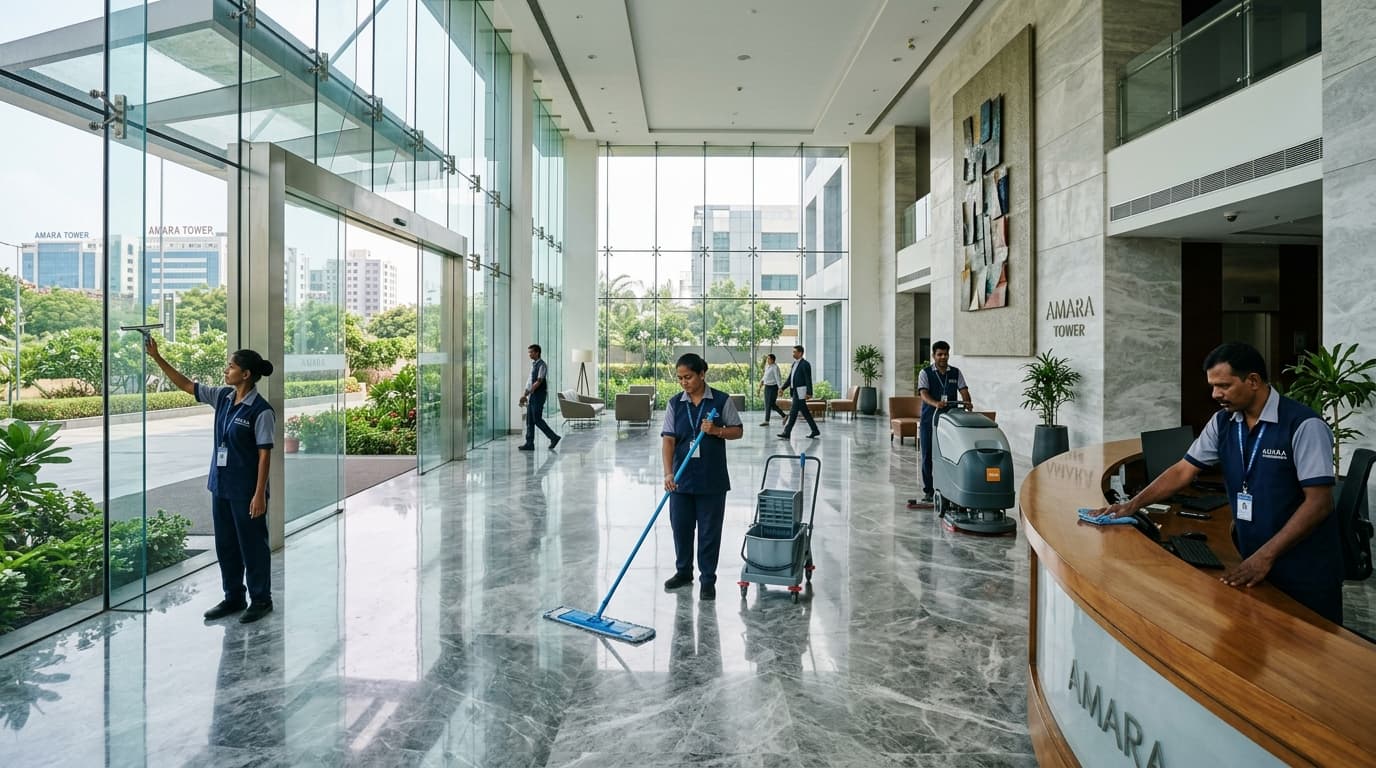 Unique Security Agency professional housekeeping team operating in luxury commercial building in Chennai