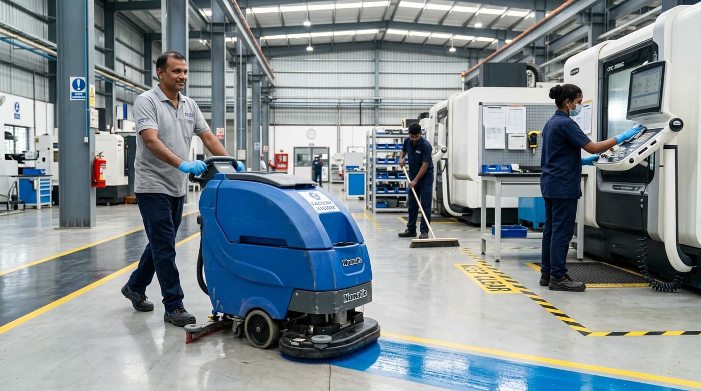 Industrial housekeeping team cleaning factory floor with scrubber in Chennai
