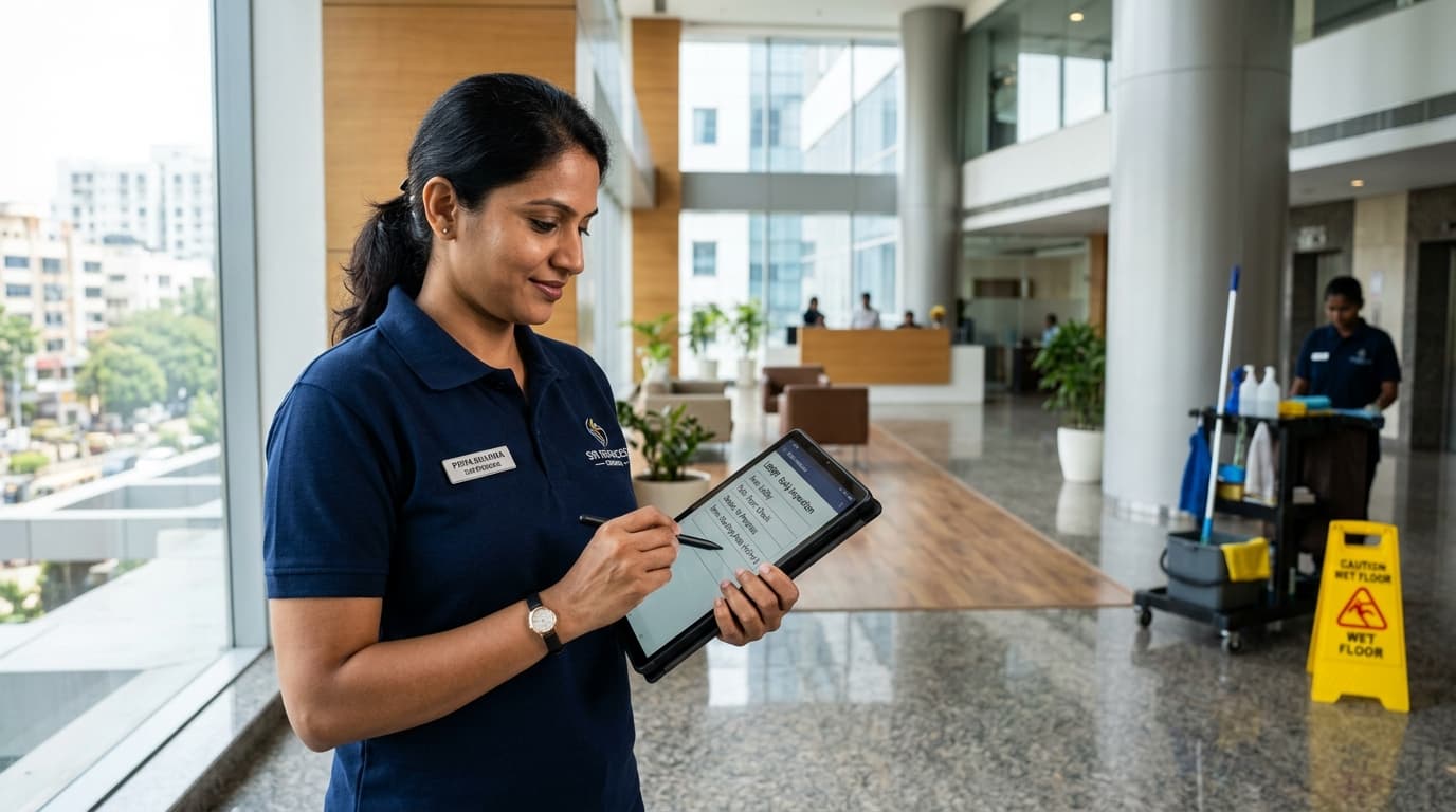Housekeeping supervisor conducting digital quality audit in Chennai facility