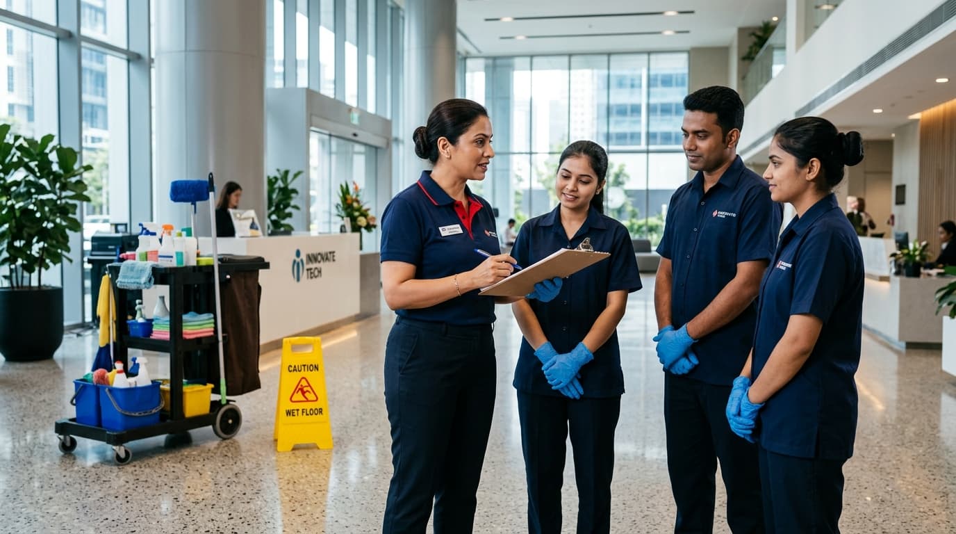 Housekeeping supervisor briefing staff team in Chennai office lobby