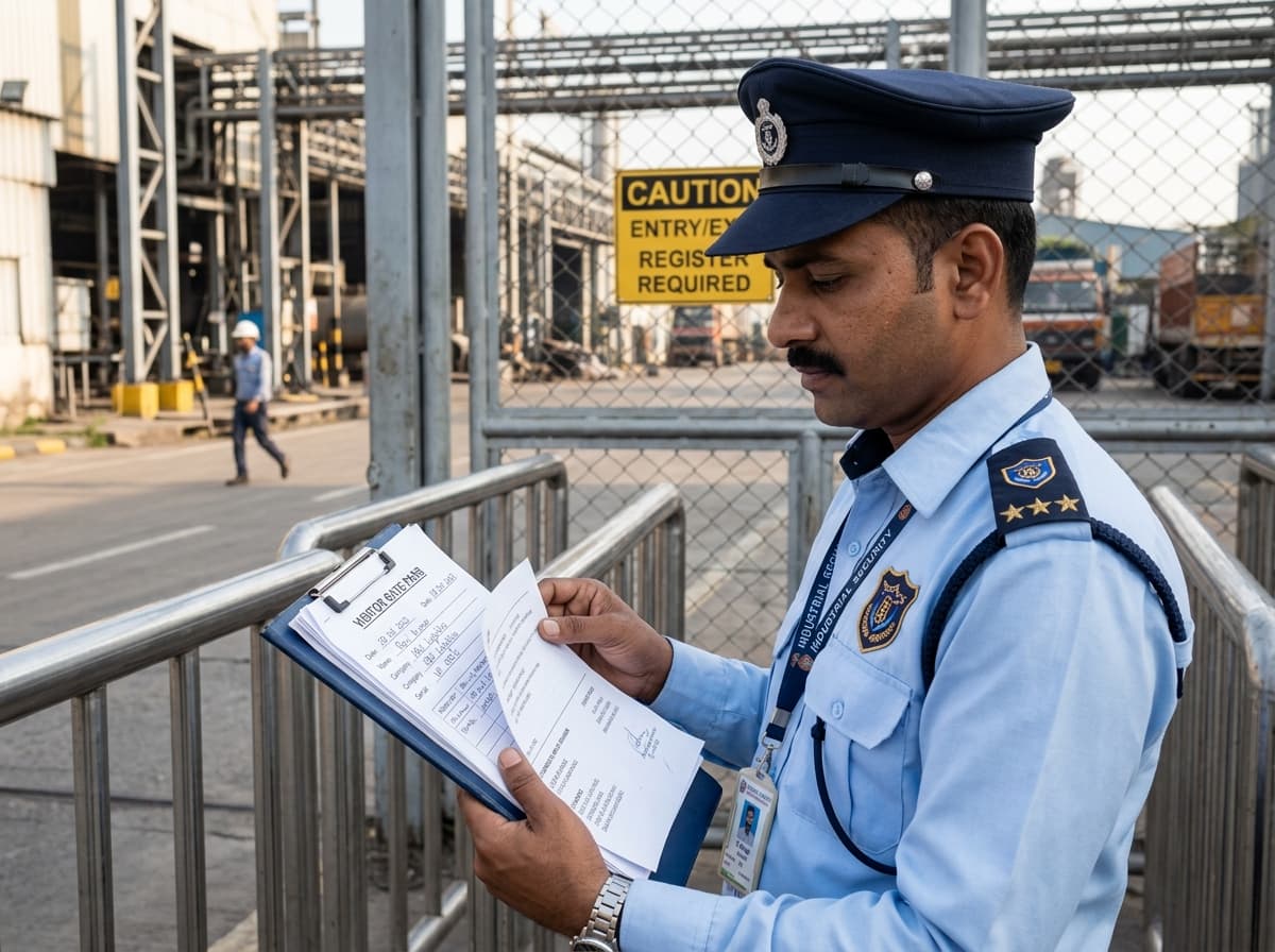 Security Guard Inspecting Gate Pass Paperwork at Factory Checkpoint