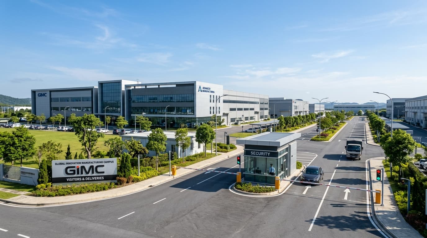 Large Industrial Campus Modern Entrance Gatehouse and Boom Barriers