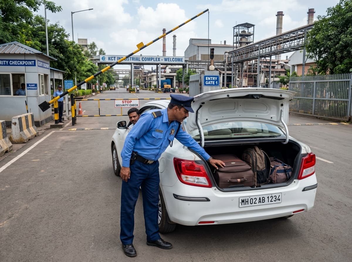 Industrial Security Officer Inspecting Vehicle Trunk at Checkpoint Gate