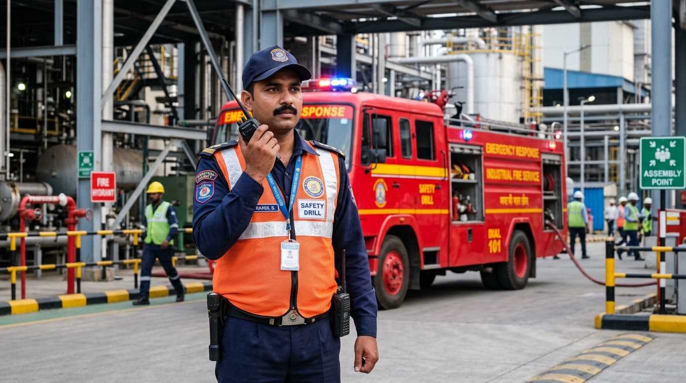 Industrial Security Guard on Two-Way Radio Coordinating With Emergency Fire Engine at Plant