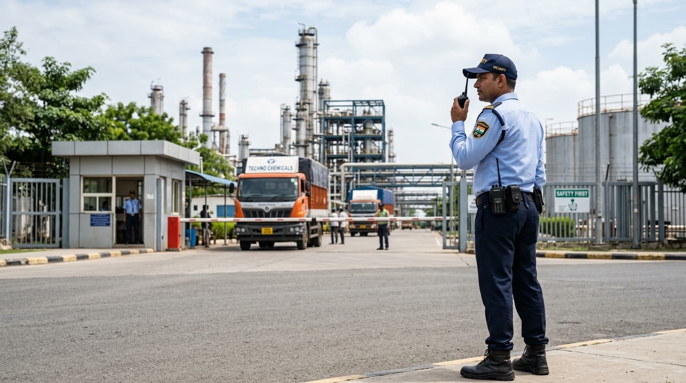 Professional Security Guard with Walkie-Talkie at Industrial Plant Entrance Gate