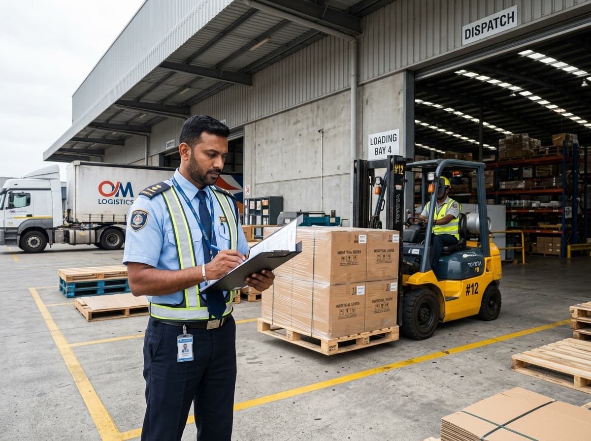 Security Guard with Document Clipboard Supervising Forklift at Industrial Dispatch Bay